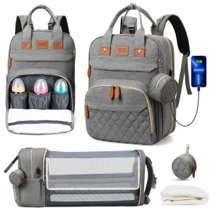 3 In 1 Diaper Bag Backpack, Foldable Baby Bed, Waterproof Travel Bag with USB Charge