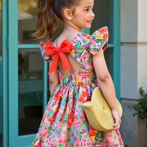 Girls Floral Print Puff Sleeve Dress