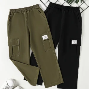 2 Pack Boys Cargo Pants, Side Pocket Straight Leg